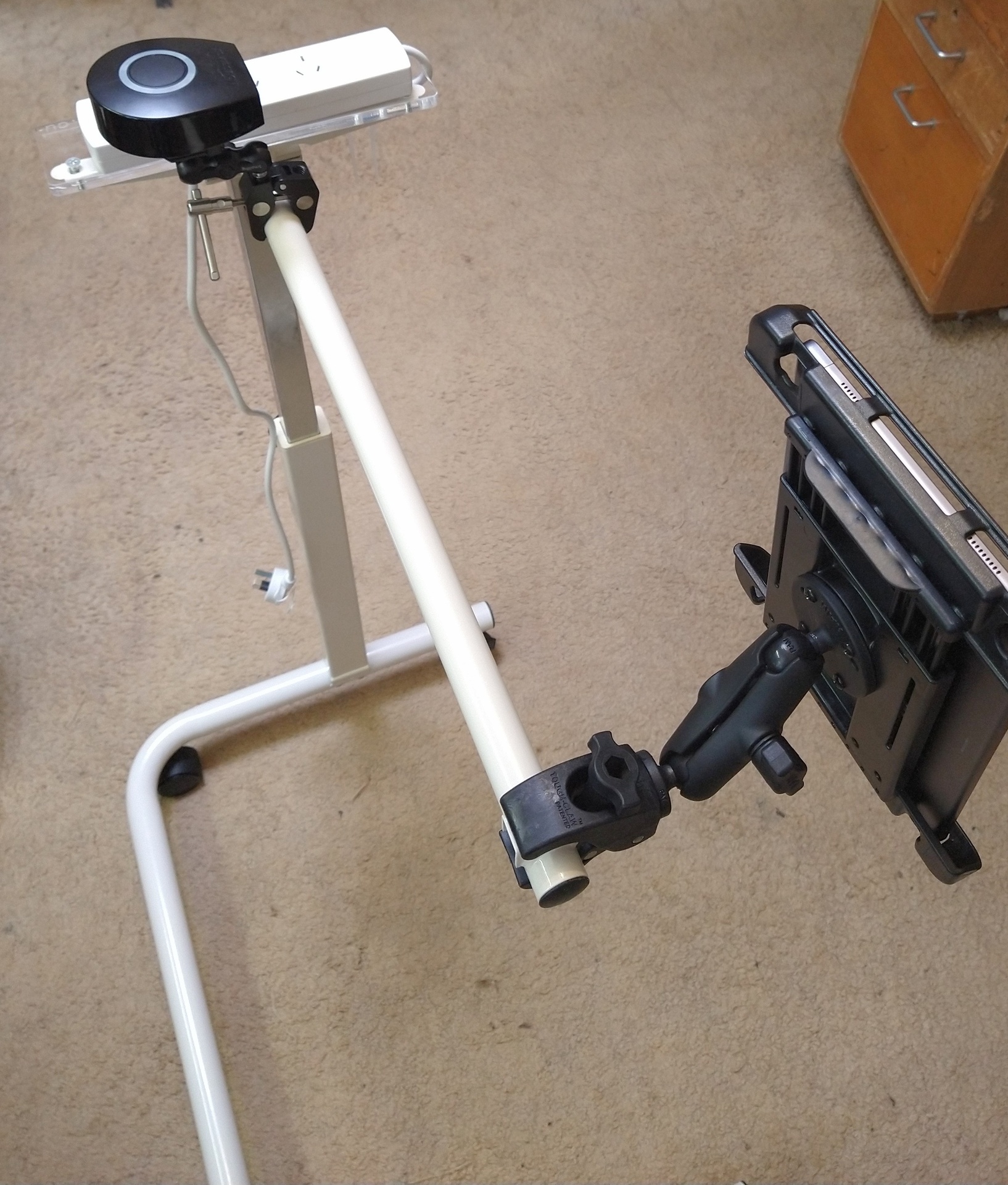 Boom arm switch mounting trolley stand, light duty with castors, adjustable height