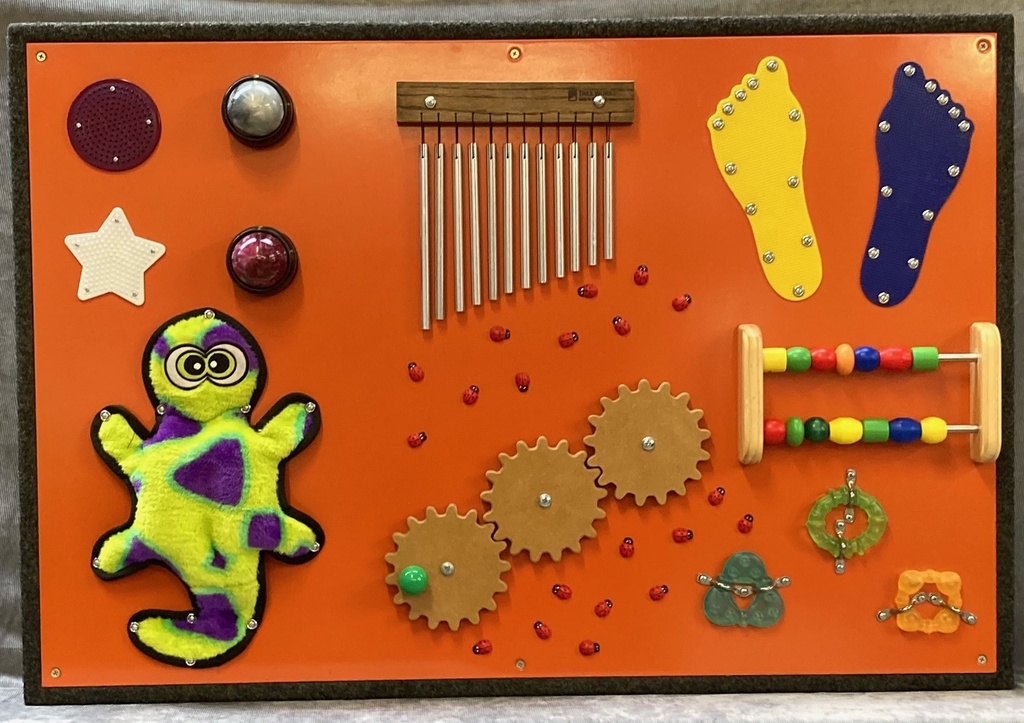 Tactile Corridor Panel - orange high gloss paint variety of interesting tactile components great for all ages
